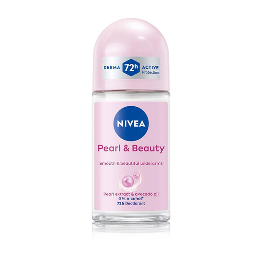NIVEA Pearl and Beauty 50ml Deo Roll On | With Pearl Extracts & Avocado Oil| 72 H Smooth & Beautiful Underarms | 0% Alcohol | For Women