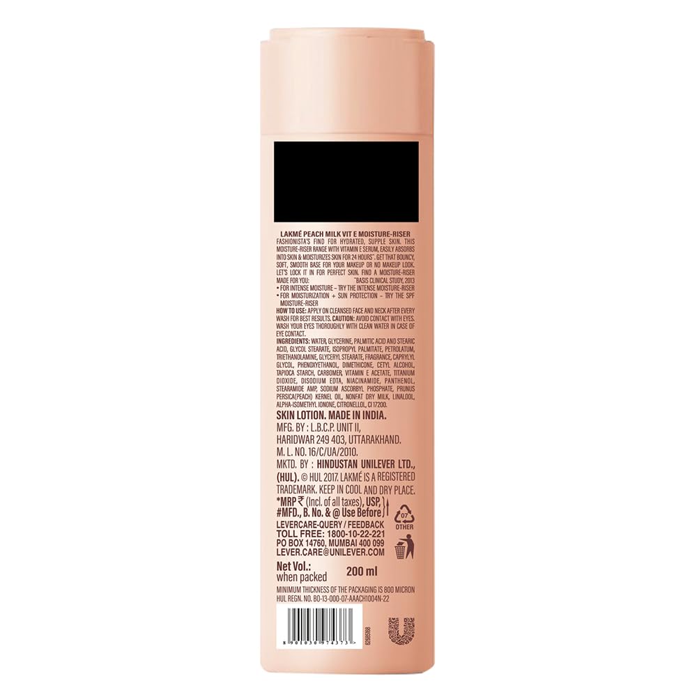Lakme Peach Milk, Light Weight Moisturizer, 200ml, for Soft Glowing Skin, with Vitamin C, E & Peach Milk Extract, 24Hr Moisture Lock, Non-Oily, Non-Sticky Face Cream