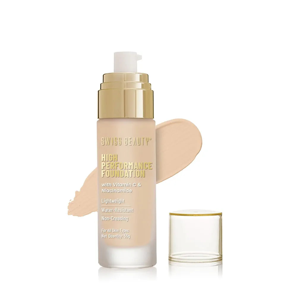Swiss Beauty High Performance Foundation | Water-Resistant | Medium To Buildable Coverage Liquid Dewy Finish | Lightweight | Easy To Blend | With Vitamin C & Niacinamide | 03 Natural Beige, 55G
