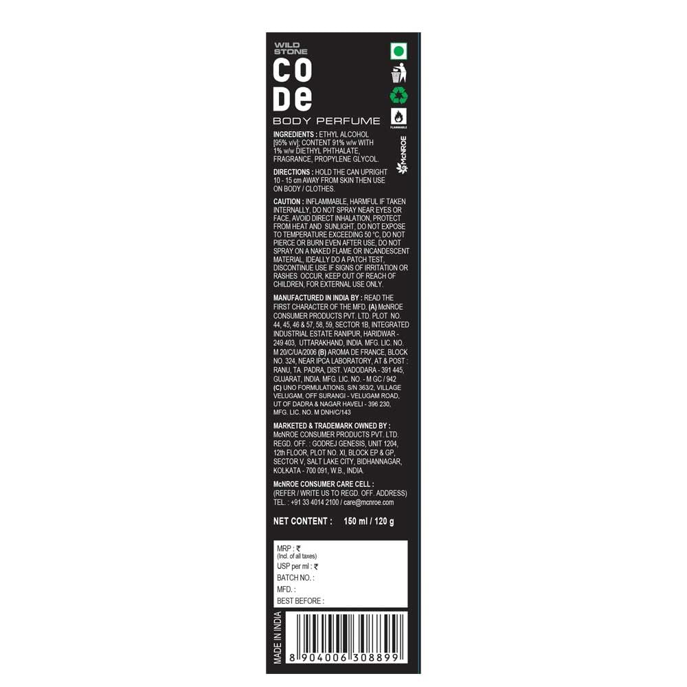 WILD STONE CODE Titanium Long Lasting No Gas Body Perfume For Men, 150Ml, Spray