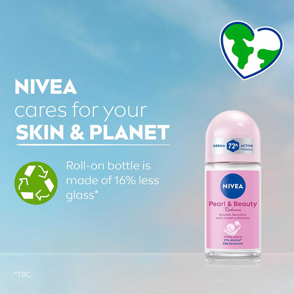 NIVEA Pearl and Beauty 50ml Deo Roll On | With Pearl Extracts & Avocado Oil| 72 H Smooth & Beautiful Underarms | 0% Alcohol | For Women