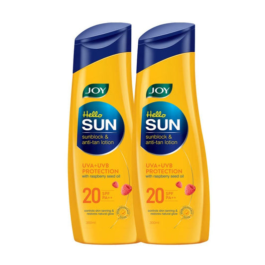 Joy Hello Sun Body Sunscreen Lotion SPF 20 PA++ (300ml x 2) For Tan Control & Body Moisturization | Lightweight, Zero White Cast & Easy Absorption | For Normal to Oily Skin
