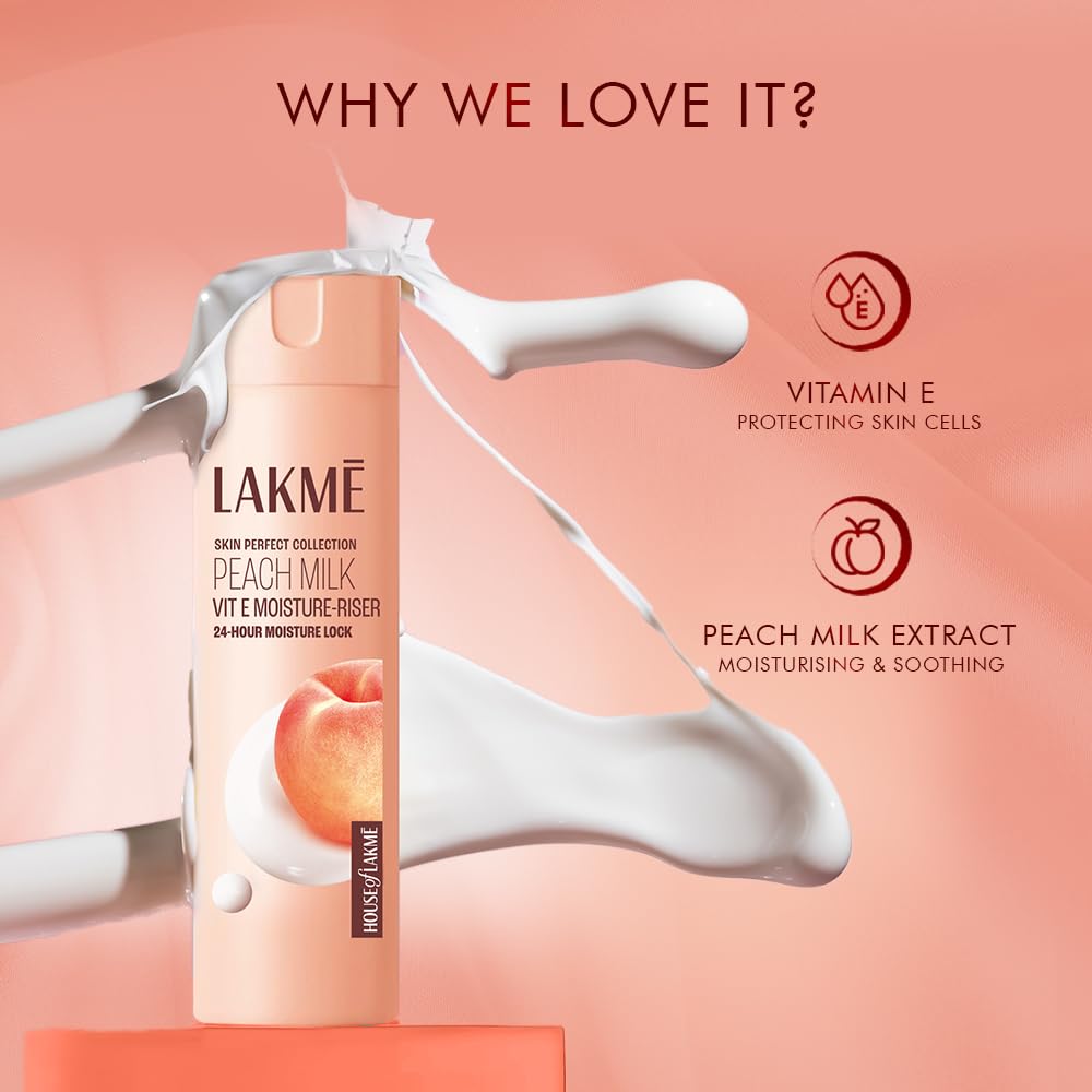 Lakme Peach Milk, Light Weight Moisturizer, 200ml, for Soft Glowing Skin, with Vitamin C, E & Peach Milk Extract, 24Hr Moisture Lock, Non-Oily, Non-Sticky Face Cream