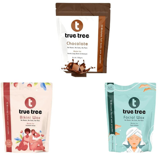 true tree Combo of Bikini, Facial and Chocolate Wax Powder | 10 Min Hair Removal Powder with Aloevera, Multani Mitti and Sandalwood | Herbal Painless Hair Removal with No Chemicals and No Skin Rashes