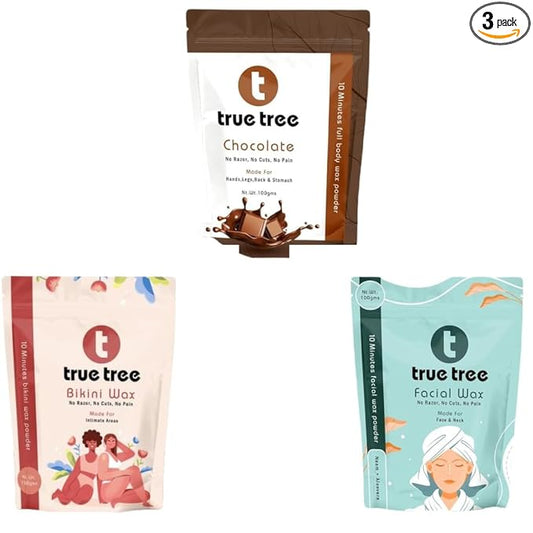 true tree Combo of Bikini, Facial and Chocolate Wax Powder | 10 Min Hair Removal Powder with Aloevera, Multani Mitti and Sandalwood | Herbal Painless Hair Removal with No Chemicals and No Skin Rashes
