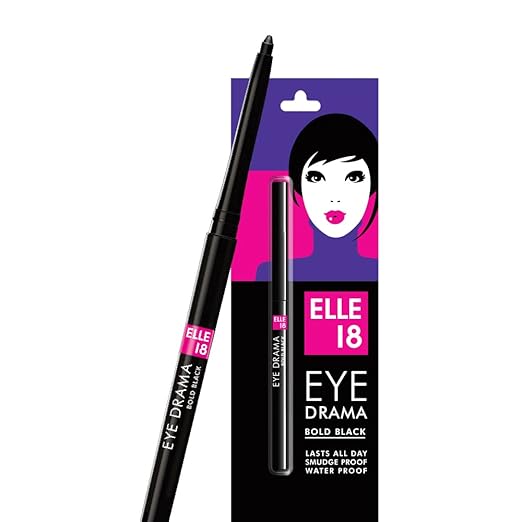 Elle 18 Eye Drama Kajal, Matte Finish, Super Black, Smudgeproof & Waterproof, 0.35 G