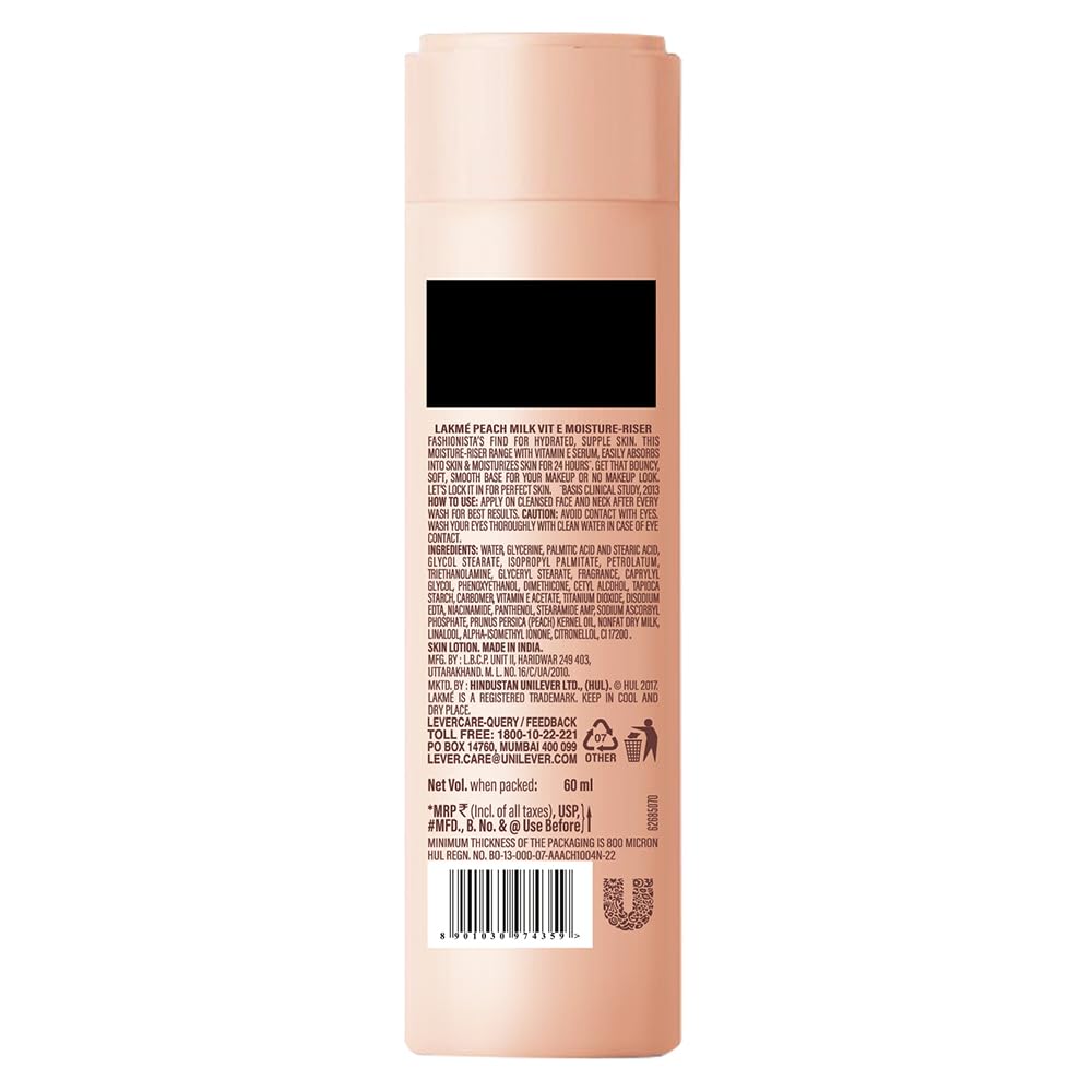 Lakme Peach Milk, Light Weight Moisturizer, 200ml, for Soft Glowing Skin, with Vitamin C, E & Peach Milk Extract, 24Hr Moisture Lock, Non-Oily, Non-Sticky Face Cream