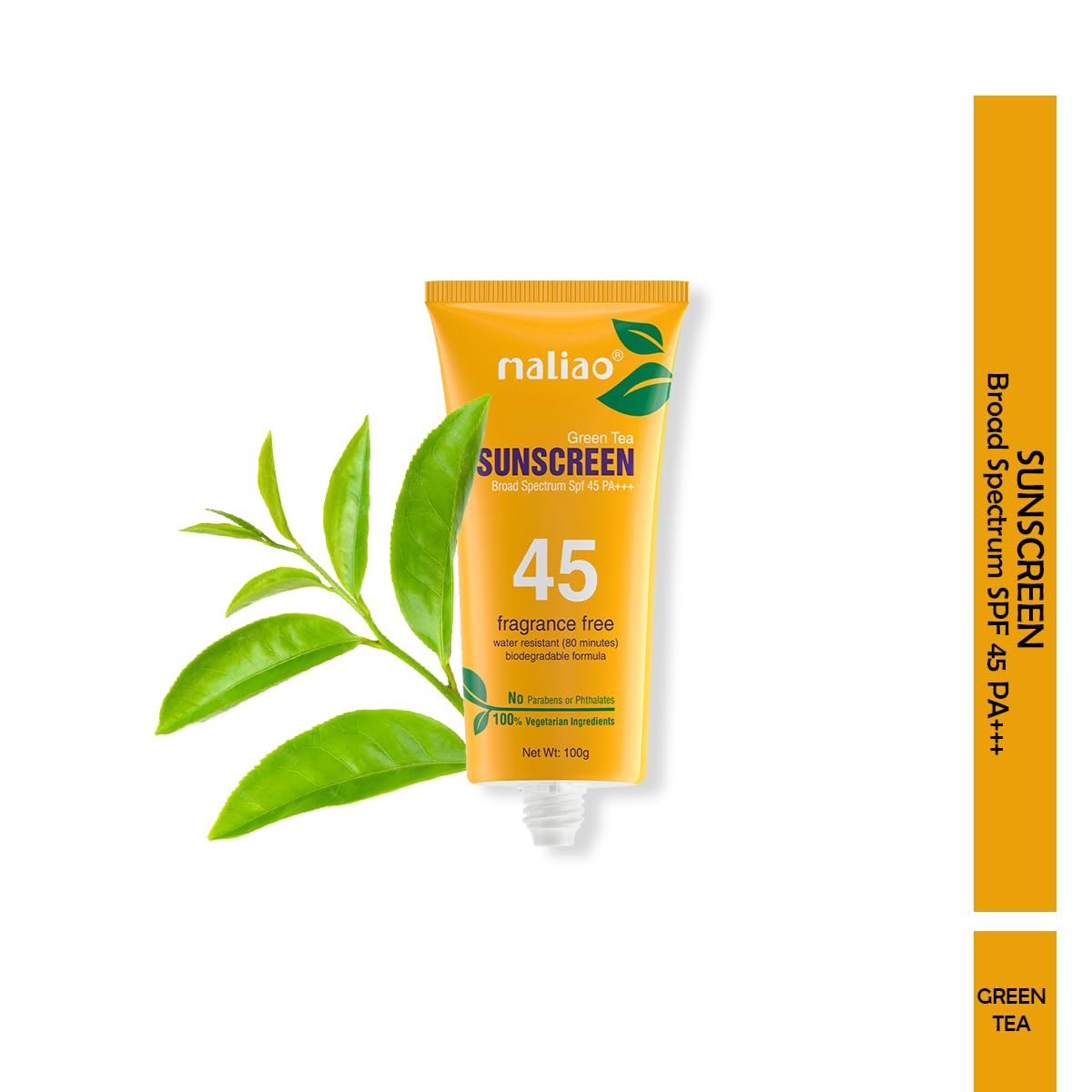Maliao Professional Green Tea Sunscreen For All Skin Type Lotion - UV Protection, Radiant Skin, SPF 45 PA+++, 100% Vegetarian Ingredients, Non-Greasy.