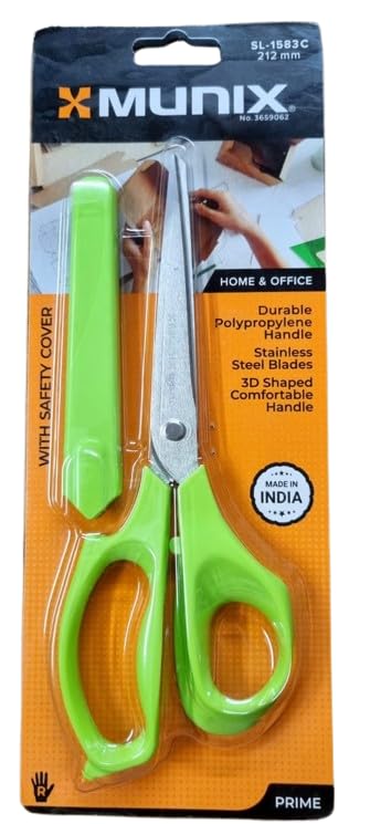 Munix Stainless Steel Scissor-SL-1583C-212mm| With Safety Cover| Use At Home, School, Office| 3D Shape Comfortable Handle| For Art & Craft, DIY Projects, Cutting Clothes & Many More| Color May Vary