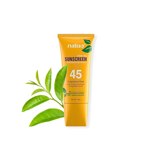 Maliao Professional Green Tea Sunscreen For All Skin Type Lotion - UV Protection, Radiant Skin, SPF 45 PA+++, 100% Vegetarian Ingredients, Non-Greasy.