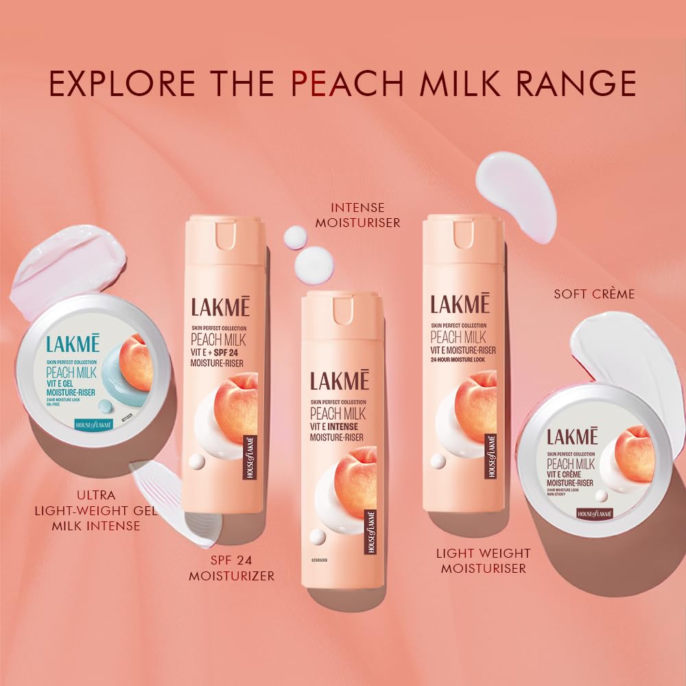 Lakme Peach Milk, Light Weight Moisturizer, 200ml, for Soft Glowing Skin, with Vitamin C, E & Peach Milk Extract, 24Hr Moisture Lock, Non-Oily, Non-Sticky Face Cream