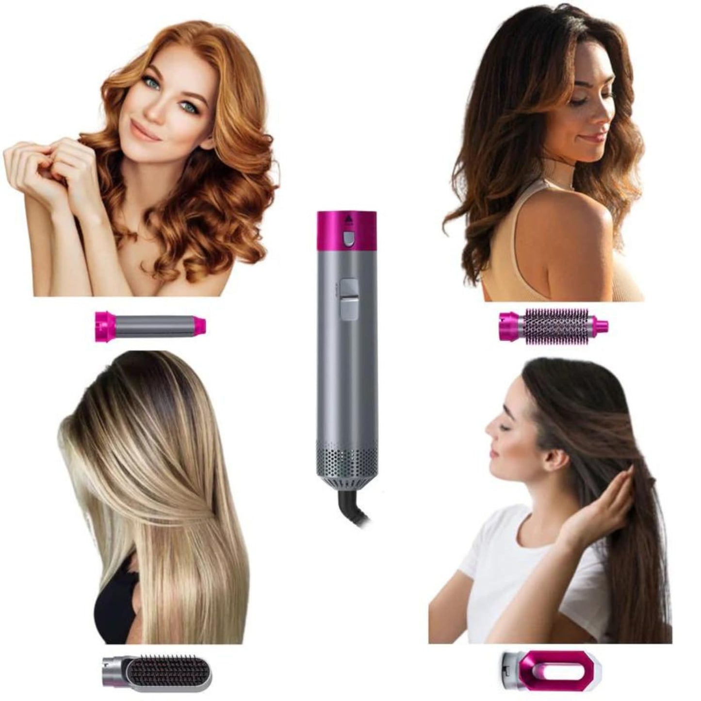 5 In 1 Hair Styler For Women Multifunctional Styling Tool With 5 Attachments 1 Hot Air Brush,2 Spiral Curler,1 Hair Dryer,1 Hair Straightner Comb,1 Year Warranty,1000 Watt,3 Heat Settings