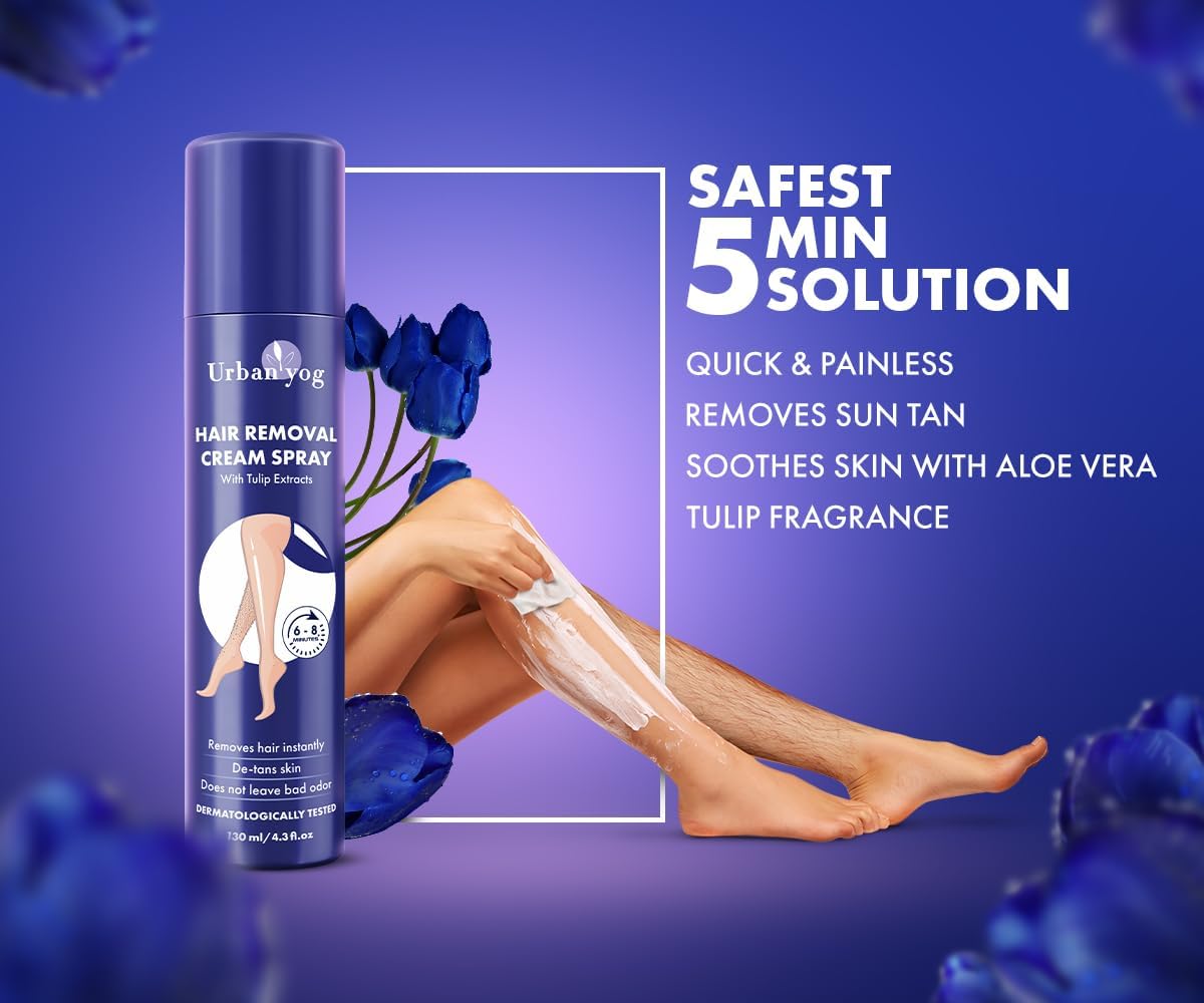 Urban yog Hair Removal Cream Spray for Women | Painless Body Hair Removal Spray for legs, hands, underarm & back (200 ML, Tulip (Blue))
