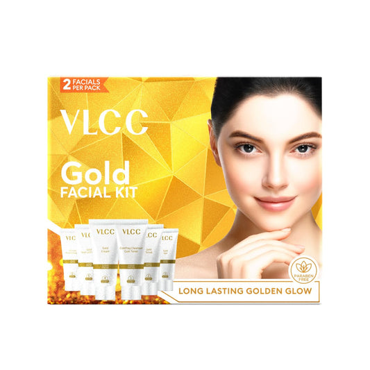VLCC Gold Facial Kit, Bright & Glowing Skin - 60g | Pamper your Skin for a Luminous Glow | Parlour Glow with 24K Gold Bhasma, Rose Extracts, Turmeric & Aloe Vera.