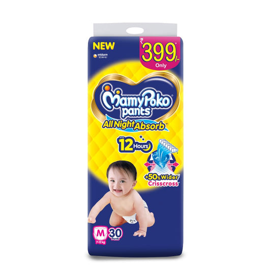 MamyPoko Pants All Night Absorb Baby Diapers, Medium (M), 32 Count 7-12 kg