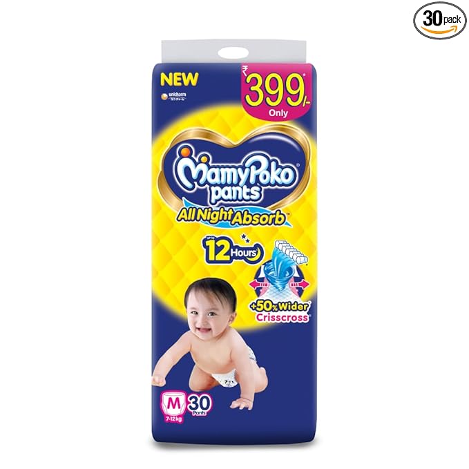 MamyPoko Pants All Night Absorb Baby Diapers, Medium (M), 32 Count 7-12 kg