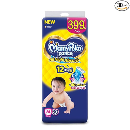 MamyPoko Pants All Night Absorb Baby Diapers, Medium (M), 32 Count 7-12 kg