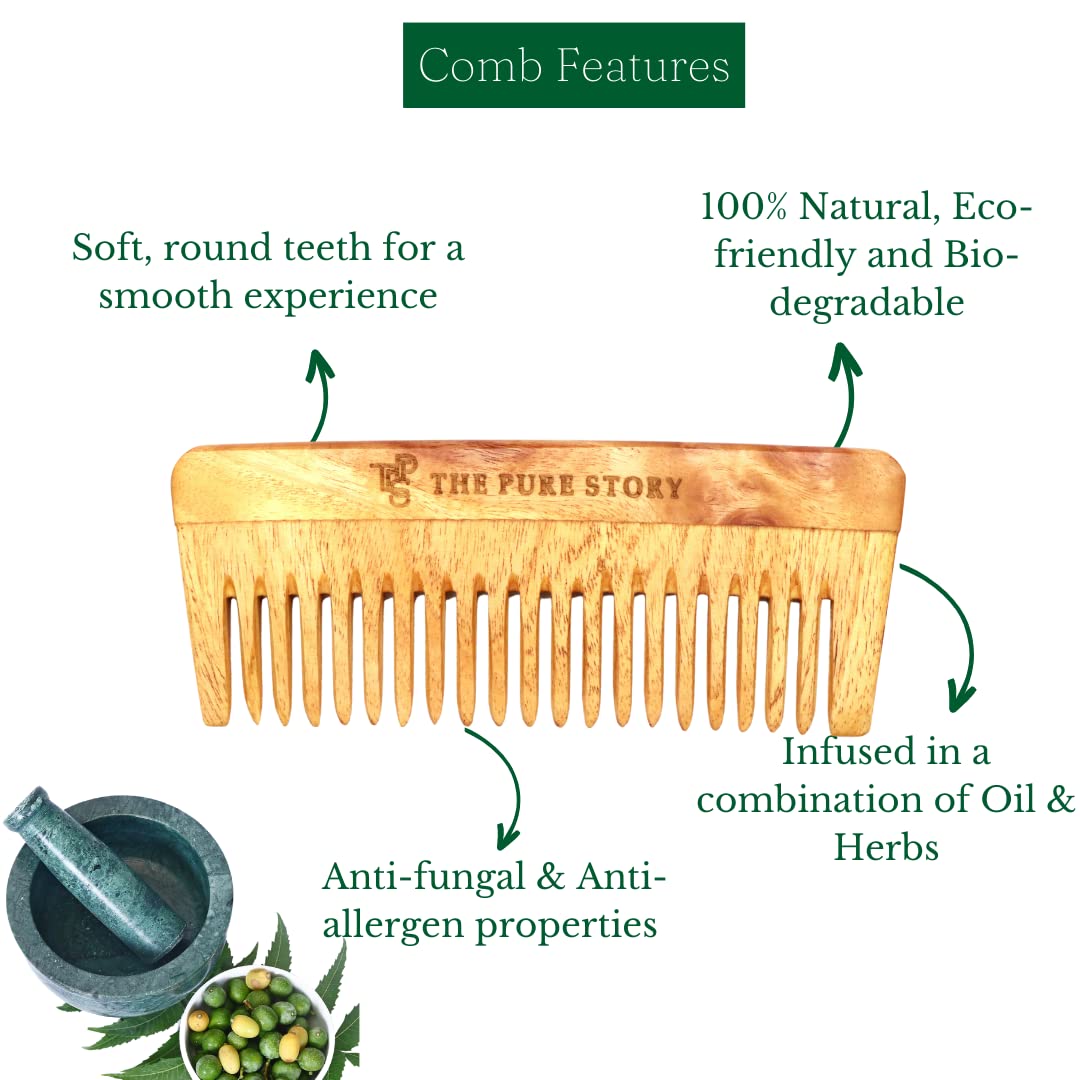 Oil–Infused Neem Wood Comb treated with a combination of Herbs and Cold-Pressed Oils.(Wide Tooth Comb)