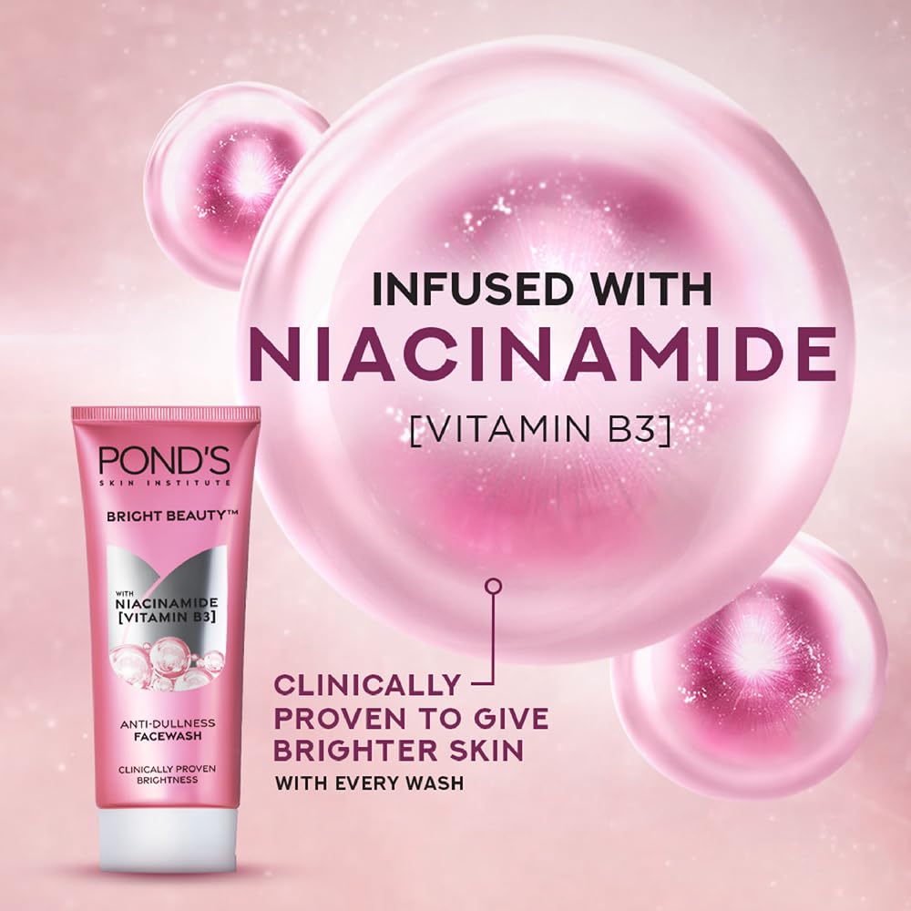 POND's Bright Beauty Anti-Dullness & Brightening Facewash With Niacinamide | For Glass-Skin Like Shine And With 4X Visibly Brighter Skin, 100Gm