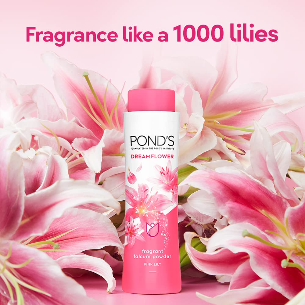 POND'S Dreamflower Pink Lily Fragrance Talcum Powder 400 g, Cooling Fresh Talc for Face & Body - For Men & Women