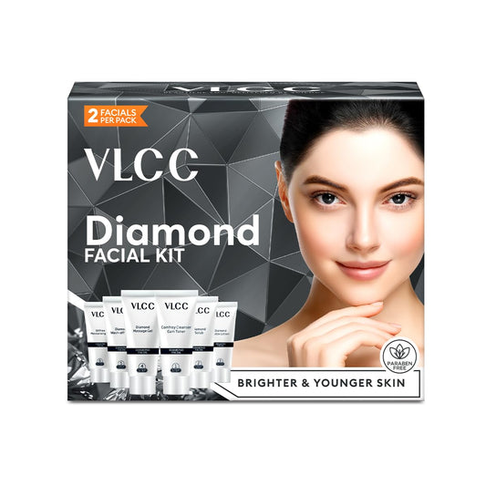 VLCC Diamond Facial Kit - 60g | Skin purifying with Parlour Glow | Improves Elasticity, Brightens and Lightens Patchy Damaged Skin | With Colloidal Diamond, Jojoba Oil, Olive Oil & Aloe Vera.