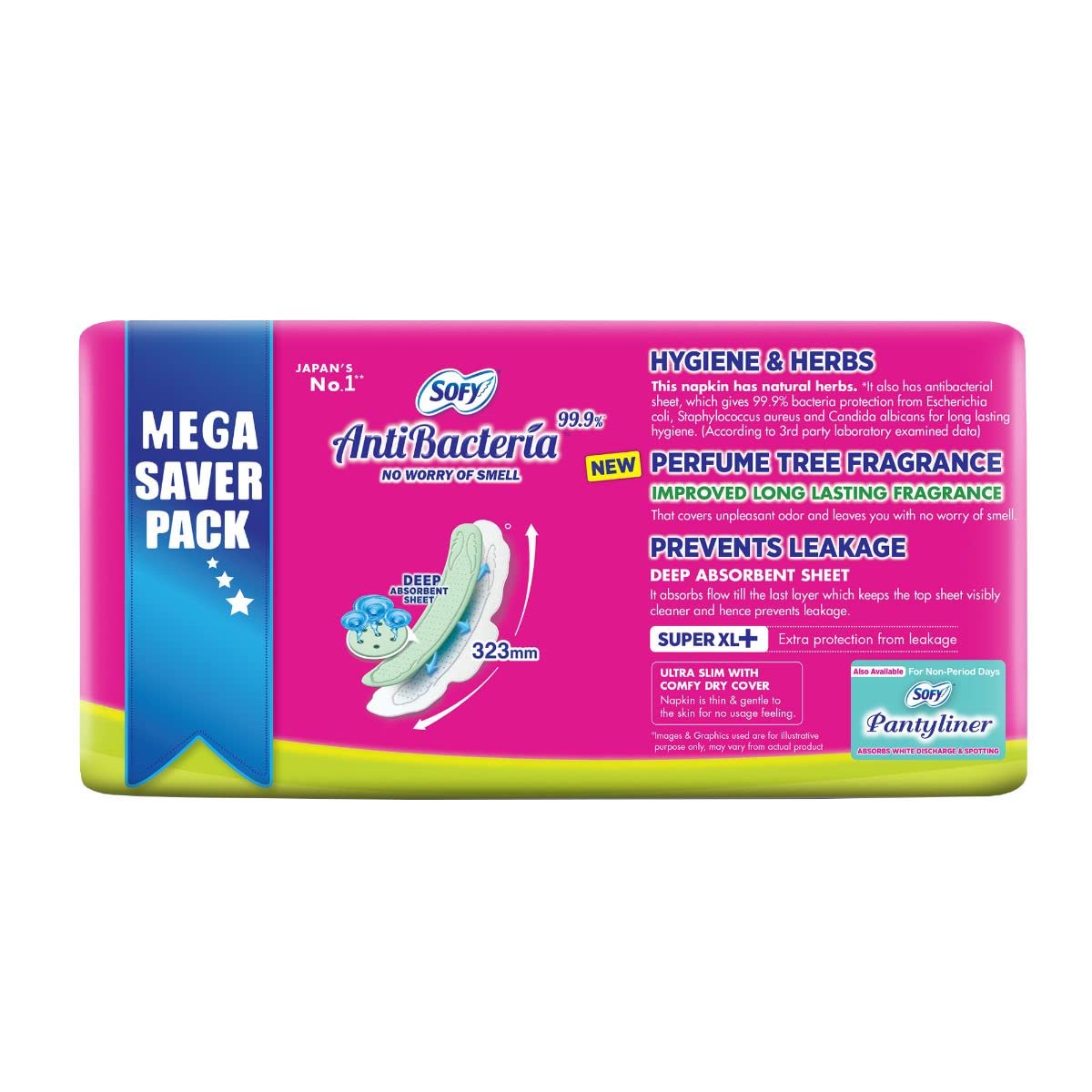 Sofy Anti-Bacteria Sanitary Pads (XL+ Size - 290 mm) 28 Pads - 6 layer deep absorption & Herbal Shield for Bacterial Protection, Soft on skin with comfy dry top sheet (Pack of 1)