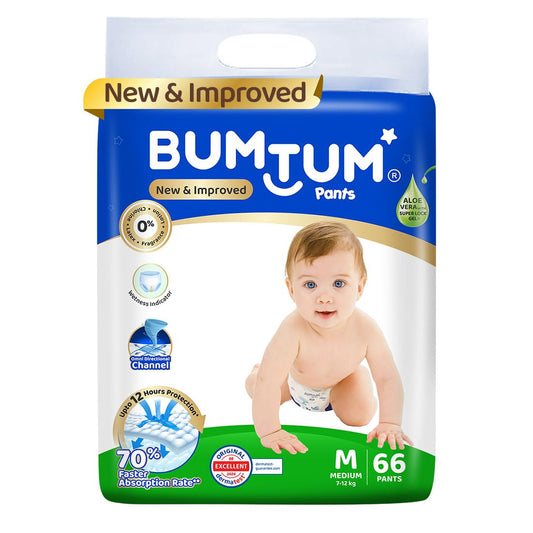 Bumtum Baby Diaper Pants, Medium Size, 66 Count, Double Layer Leakage Protection Infused With Aloe Vera, Cottony Soft High Absorb Technology (Pack of 1)