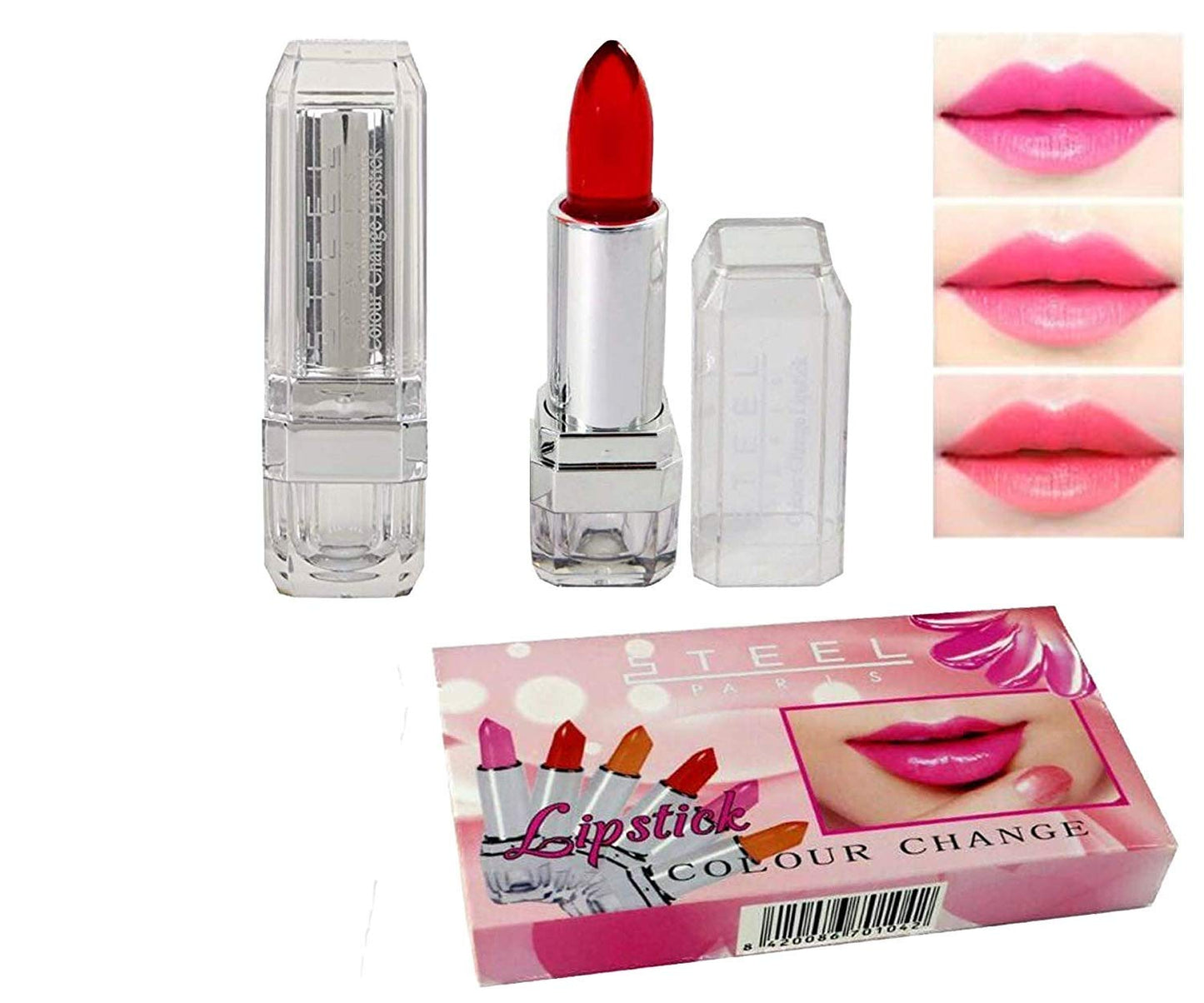 Steel Paris Shimmery Pink Colour Change gel Lipstick 3 pieces (1 Red, 1 Pink, 1 Orange)