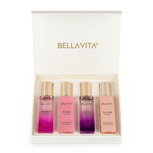 Bella Vita Luxury Long Lasting Perfume Gift Set for Woman | 4x20ml | Gifts for Women | Floral, Fruity, Premium Fragrance Scent | Date, Senorita, Glam, Rose