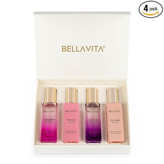 Bella Vita Luxury Long Lasting Perfume Gift Set for Woman | 4x20ml | Gifts for Women | Floral, Fruity, Premium Fragrance Scent | Date, Senorita, Glam, Rose