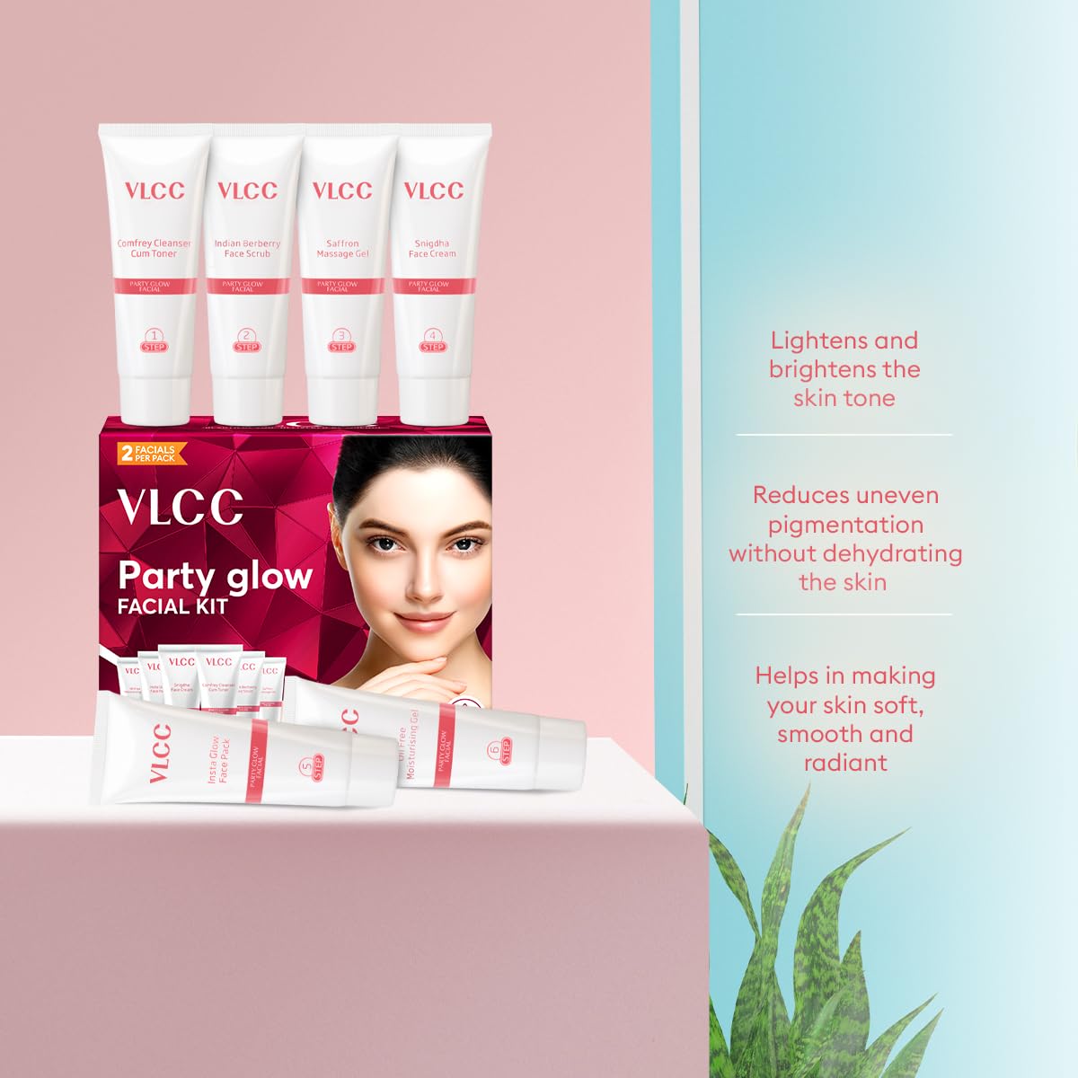 VLCC Party Glow Facial Kit - 60g | Intense Glow For Clear, Bright Skin | Special Occasion at Home Facial | With Indian Berberry, Saffron, Mulberry, and Hazlenut