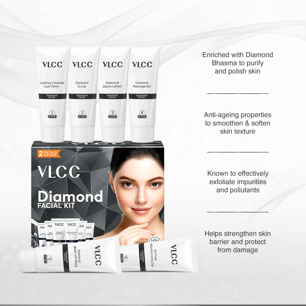 VLCC Diamond Facial Kit - 60g | Skin purifying with Parlour Glow | Improves Elasticity, Brightens and Lightens Patchy Damaged Skin | With Colloidal Diamond, Jojoba Oil, Olive Oil & Aloe Vera.