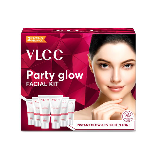 VLCC Party Glow Facial Kit - 60g | Intense Glow For Clear, Bright Skin | Special Occasion at Home Facial | With Indian Berberry, Saffron, Mulberry, and Hazlenut