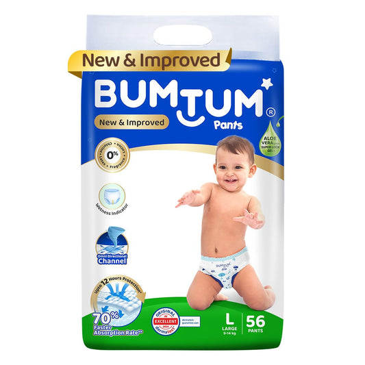 Bumtum Baby Diaper Pants, Large Size, 56 Count, Double Layer Leakage Protection Infused With Aloe Vera, Cottony Soft High Absorb Technology (Pack of 1)