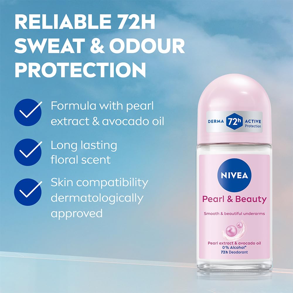 NIVEA Pearl and Beauty 50ml Deo Roll On | With Pearl Extracts & Avocado Oil| 72 H Smooth & Beautiful Underarms | 0% Alcohol | For Women