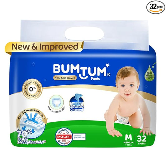 Bumtum Baby Diaper Pants, Medium Size 32 Count, Double Layer Leakage Protection Infused With Aloe Vera, Cottony Soft High Absorb Technology