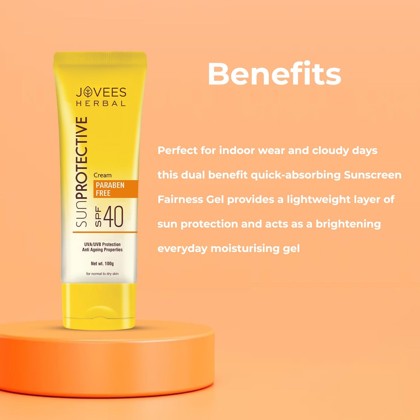 Jovees Herbal Sun Protective Sunscreen SPF 40 | Lightweight, Quick Absorbing and Oil Free - UVA/UVB Protection | Normal to Dry Skin Type | Paraben & Alcohol Free 100g