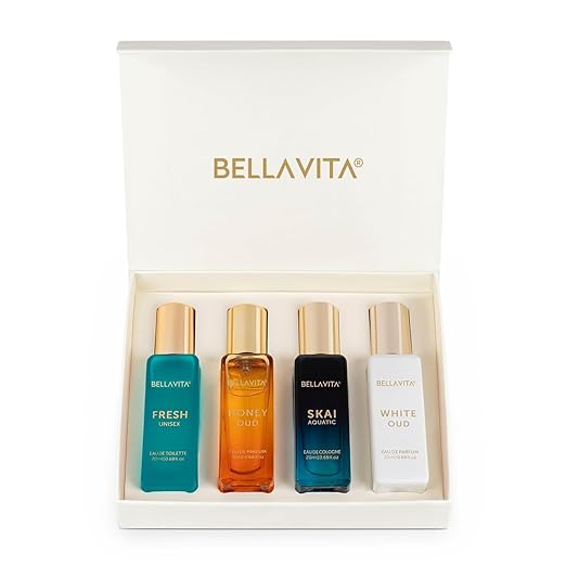 Bella Vita Luxury Long Lasting Unisex Perfume Gift Set | 4x20ml Perfume for Man & Woman | Woody, Aquatic, Sweet, Premium Fragrance Scent | SKAI, FRESH, WHITEOUD, HONEY OUD | Gifts for Men and Women