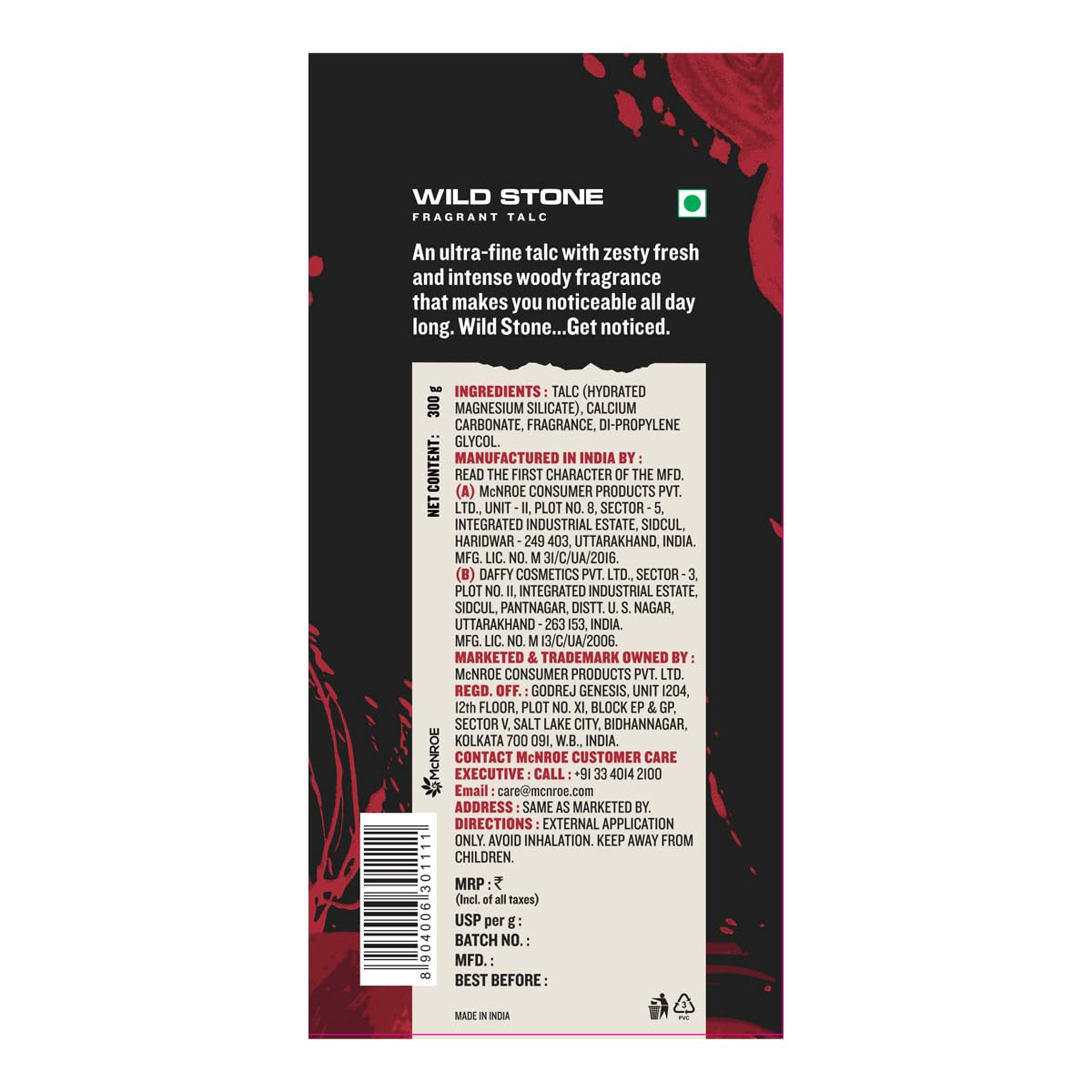 Wild Stone Ultra Sensual Talcum Powder for Men, 300gm, Perfumed Deodorant Talc with Masculine Aromas, Keeps You Smelling Fresh All-day Long