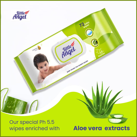 Little Angel Super Soft Cleansing Baby Wipes Lid Pack, 144 Count, Enriched with Aloe vera & Vitamin E, pH balanced, Dermatologically Tested & Alcohol-free, Pack of 2,72 count/pack