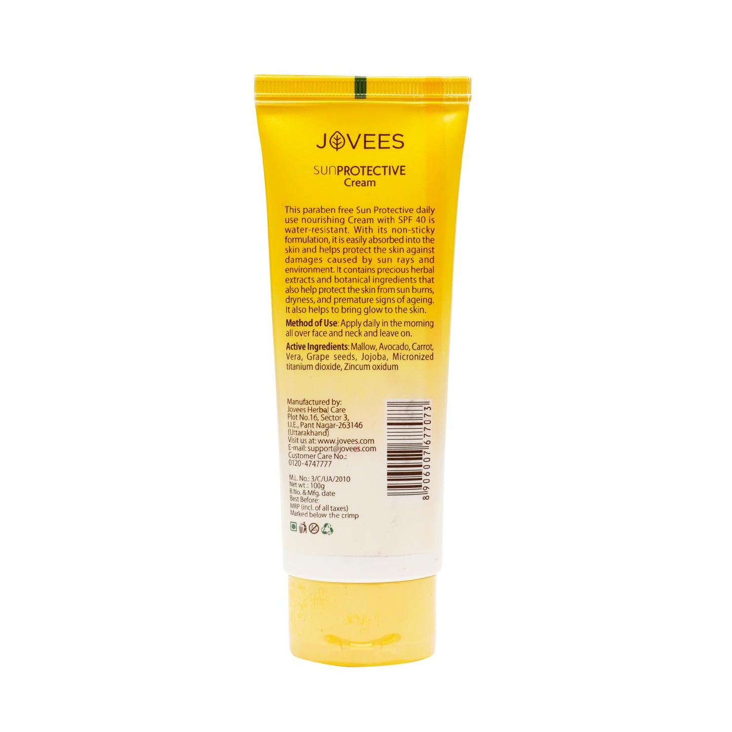 Jovees Herbal Sun Protective Sunscreen SPF 40 | Lightweight, Quick Absorbing and Oil Free - UVA/UVB Protection | Normal to Dry Skin Type | Paraben & Alcohol Free 100g