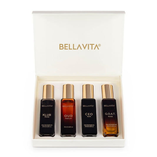 Bella Vita Luxury Long Lasting Perfume Gift Set for Man | 4x20ml | Gifts for Men | Woody, Citrusy, Oud, Premium Fragrance Scent | KLUB, OUD, CEO, G.O.A.T
