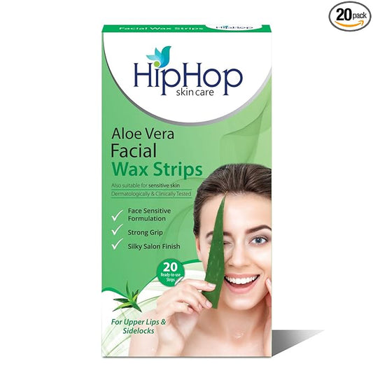 HipHop Skincare Facial Wax Strips with Cleansing Wipes for Instant Hair Removal (Pack of 20 Strips)| Upper Lip, Sideburns, Forehead, Chin with Aloe Vera, Argan Oil & Vitamin E for Soft, Silky & Brighter Skin, All Skin Types