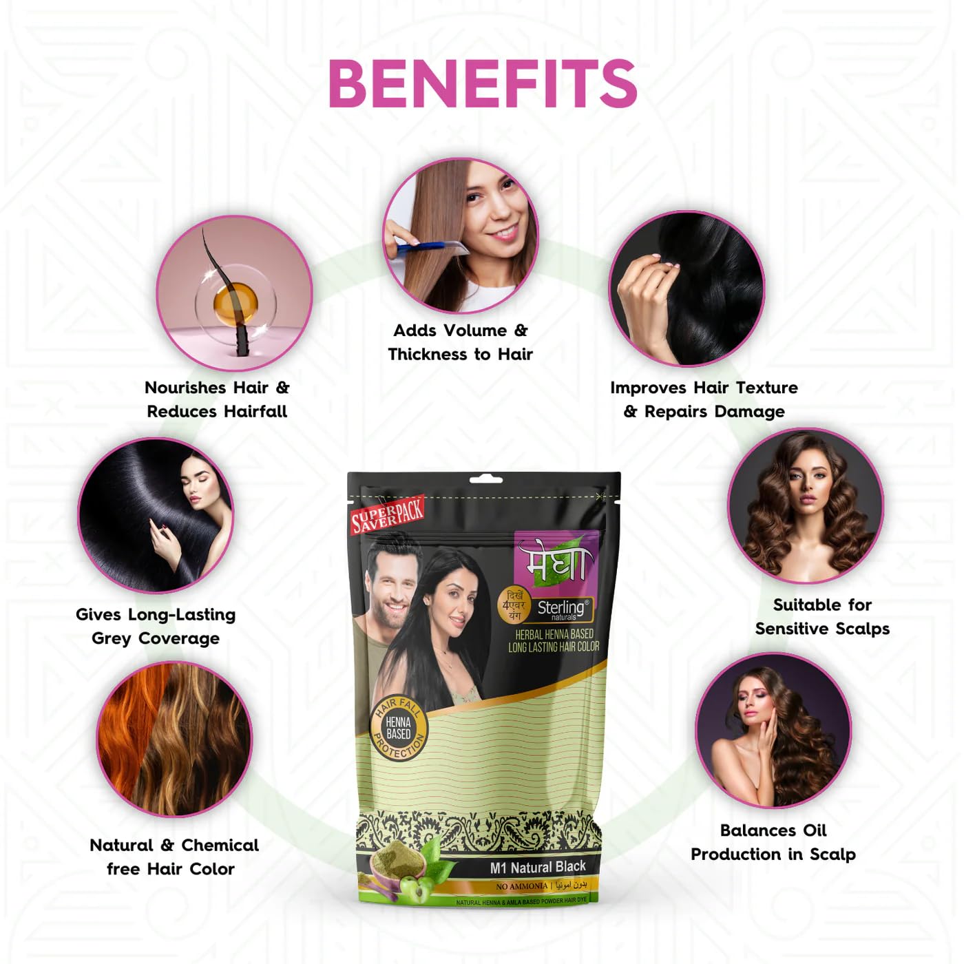 'Sterling Naturals Megha Mehandi Hair Care Powder – Megha Mehandi (Pack Of 4) For Natural Hair Color Solution | For Men & Women 45GM
