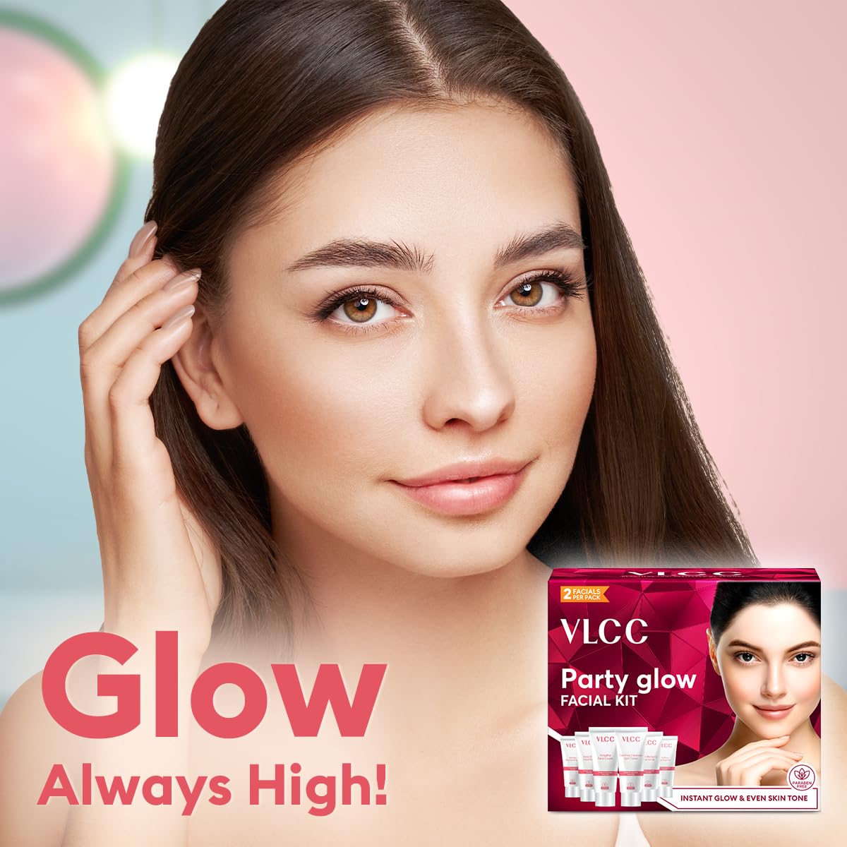VLCC Party Glow Facial Kit - 60g | Intense Glow For Clear, Bright Skin | Special Occasion at Home Facial | With Indian Berberry, Saffron, Mulberry, and Hazlenut
