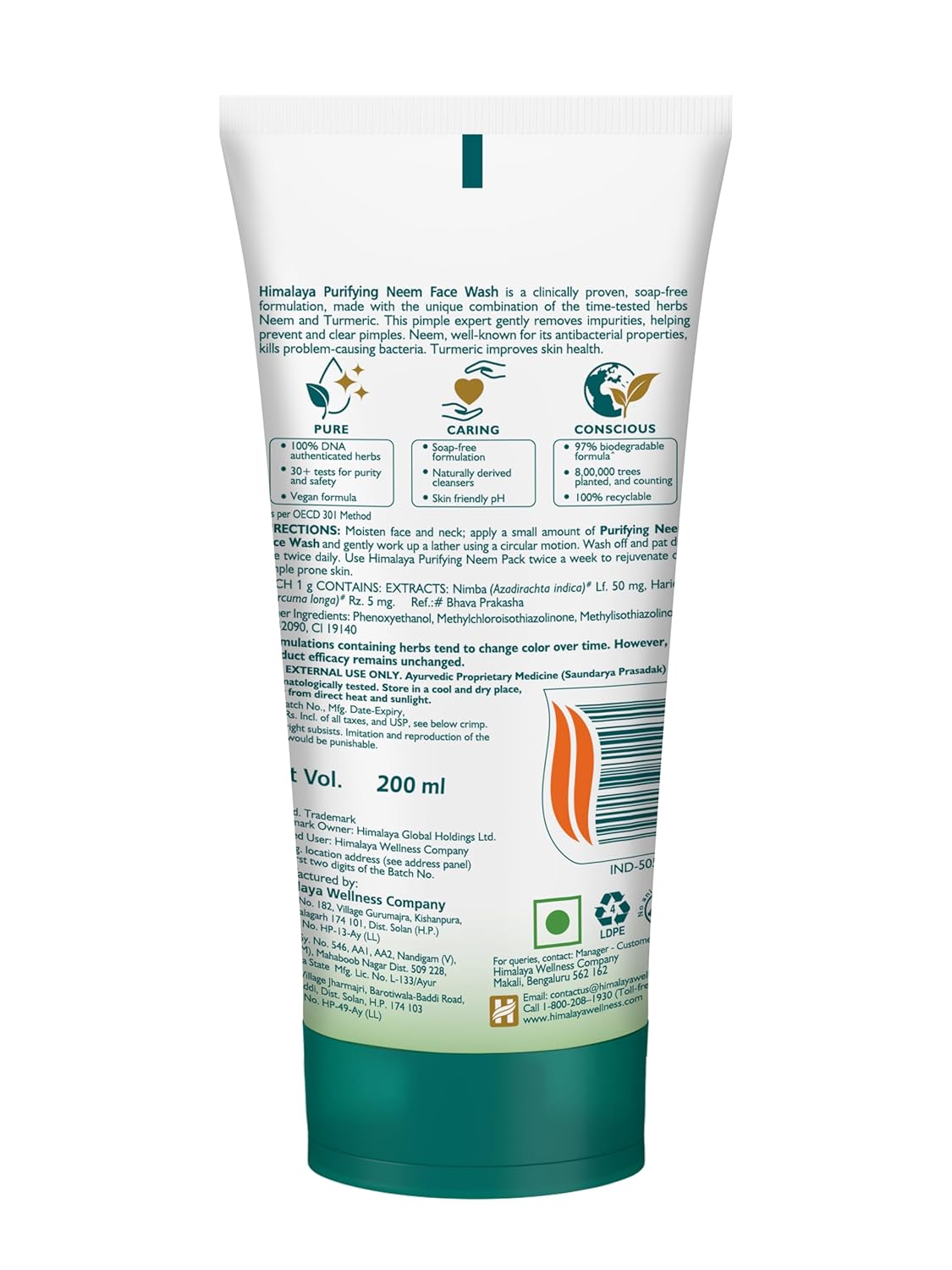 Purifying Neem Face Wash, 200 ml Tube Pack | Soap Free | Paraben, Phthalates free | Best for Acne Prone Skin | Eliminates Pimples