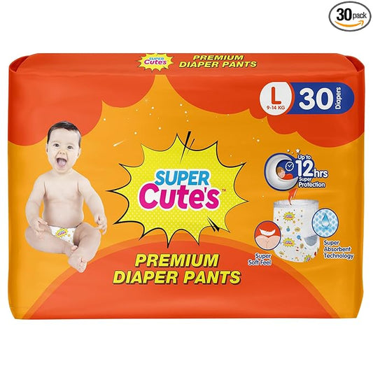 Super Cutes Premium Baby Diapers L Size 30 Count 9-14Kg,Medium34 counts,Small 40counts, XL 24 Counts , Super Soft and Rash Free Diaper Pants with 12 hrs Overnight Leakage Protection