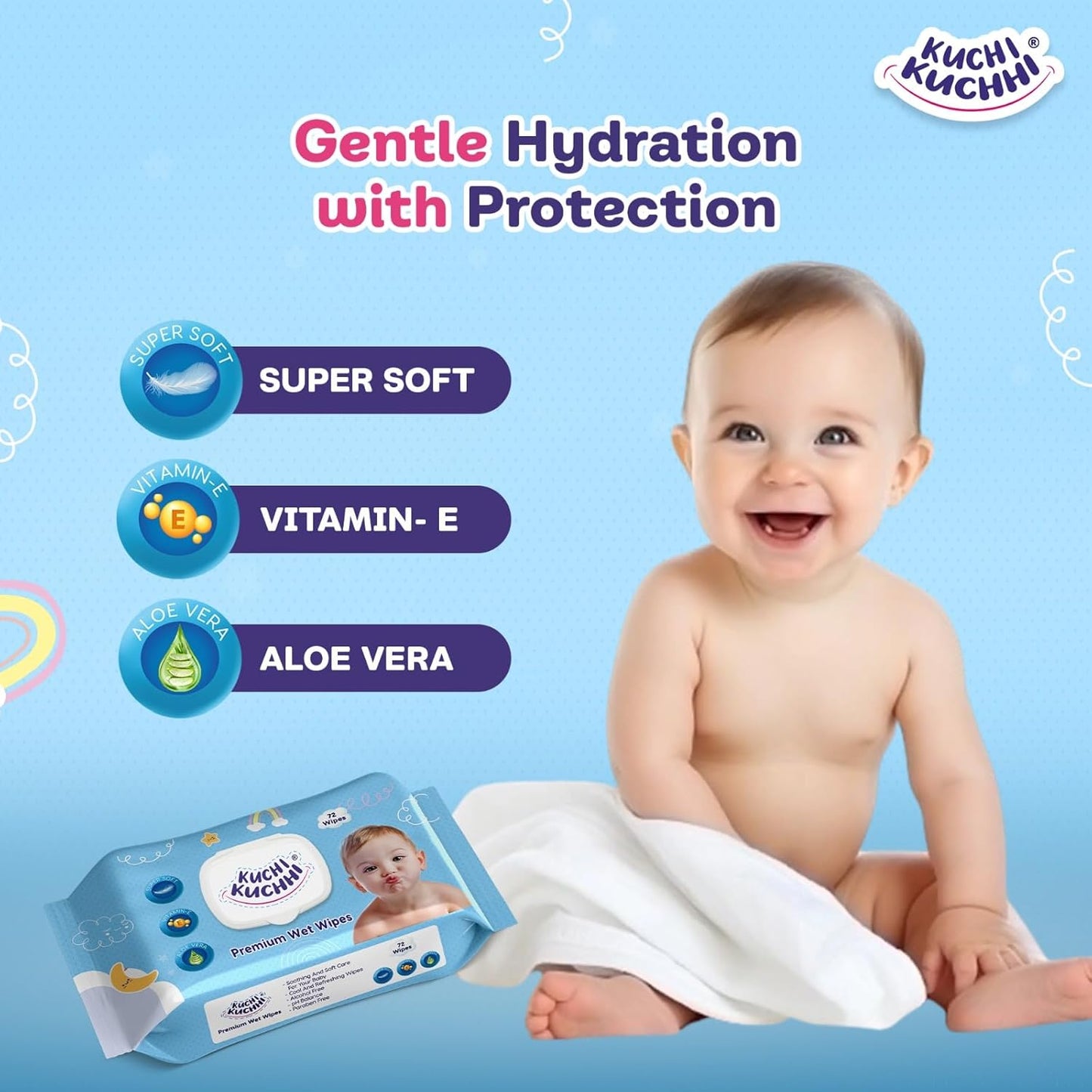 Kuchi Kuchhi UltraSoft Baby Wet Wipes With Lid | Enriched with Vitamin E & Aloe Vera | Alcohol-Free, Thick & Gentle Wipes | Safe for Newborns & Toddlers | Pack Of 1(72 Wipes)