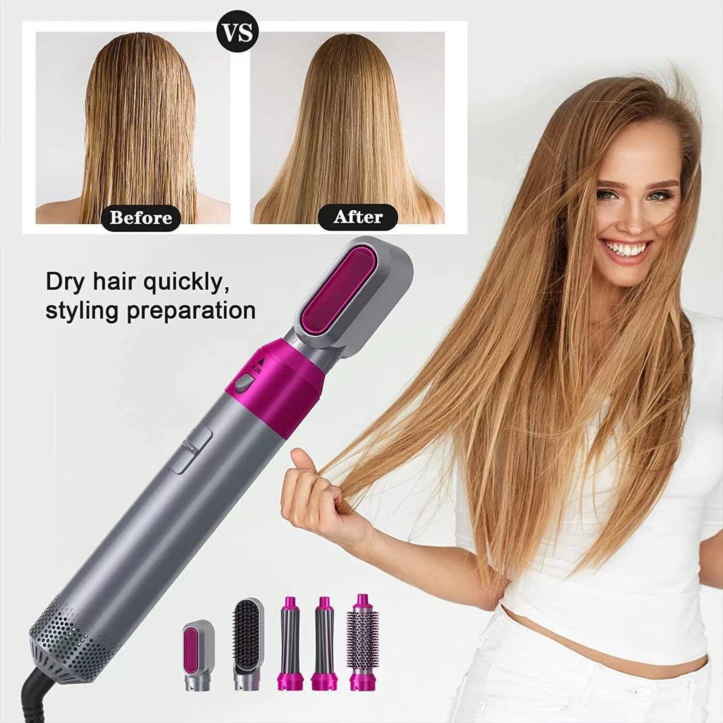 5 In 1 Hair Styler For Women Multifunctional Styling Tool With 5 Attachments 1 Hot Air Brush,2 Spiral Curler,1 Hair Dryer,1 Hair Straightner Comb,1 Year Warranty,1000 Watt,3 Heat Settings