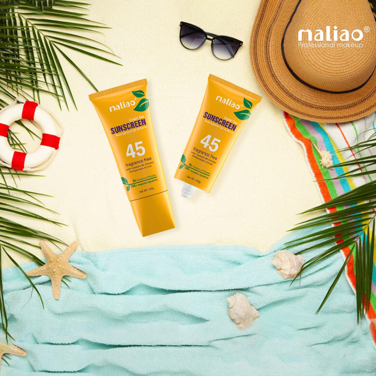 Maliao Professional Green Tea Sunscreen For All Skin Type Lotion - UV Protection, Radiant Skin, SPF 45 PA+++, 100% Vegetarian Ingredients, Non-Greasy.